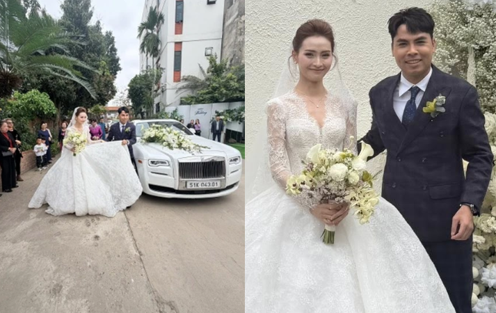Tiền vệ Đức Huy lái siêu xe Rolls-Royce rước MC Huyền Trang Mù Tạt về dinh: Visual cô dâu sáng bừng, xinh lộng lẫy trong ngày cưới