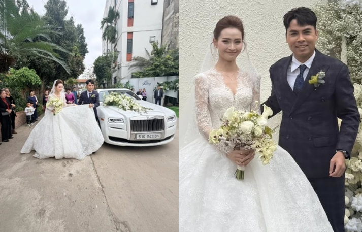 Tiền vệ Đức Huy lái siêu xe Rolls-Royce rước MC Huyền Trang Mù Tạt về dinh: Visual cô dâu sáng bừng, xinh lộng lẫy trong ngày cưới